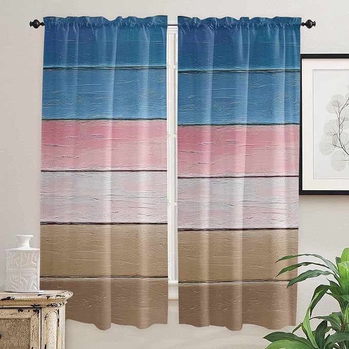 Blue Pink Brown Gradient Wood Grain Window Valance Curtains, Vintage Wood Board - Image 7