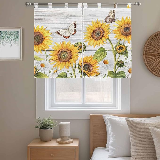 Yellow Sunflowers Kitchen Curtains 45 Inch Length, Short Cafe Window Curtains - Image 9