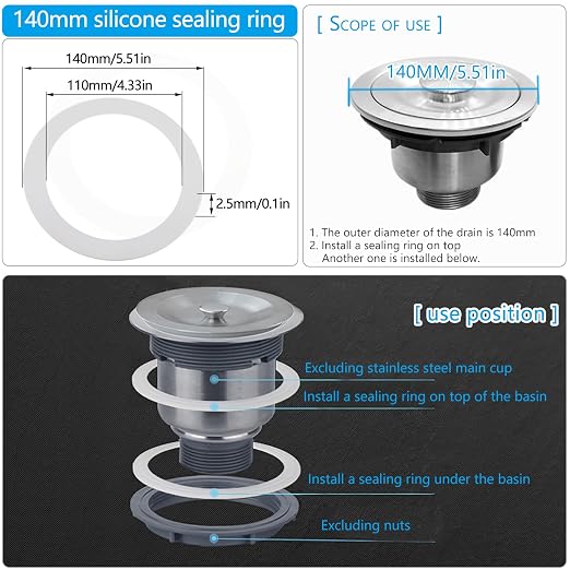 2PCS Kitchen Sink Filter Sealing Ring, Drain Pipe Flat Silicone Gasket - Image 2