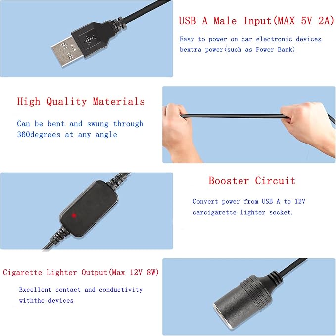 USB A Male to 12V Car Cigarette Lighter Socket Female Converter Cable - Image 4