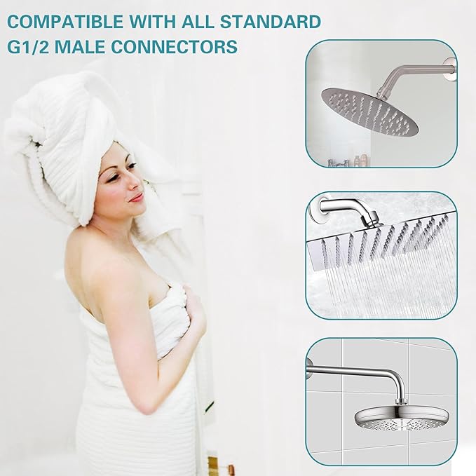 12 Inch Shower Arm with Flange,Stainless Steel 90 Degree Rain Shower Head Extension Arm,Wall-Mounted Shower Head Arm for Fixed Shower Head,Brushed Nickel
