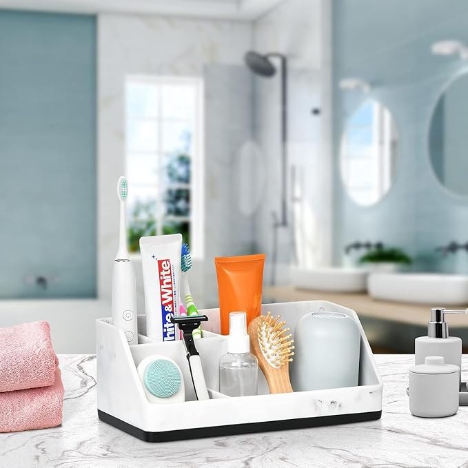 VITVITI Toothbrush Holder for Bathroom, Resin Bathroom Organizer Countertop Sink, Bathroom Counter Organizer Accessories 5 Compartment Storage for Toothpaste/Vanity, White Marble Color