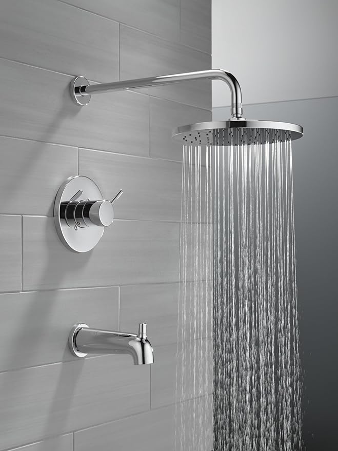 Delta Modern 14 Series Round Rain Bathtub and Shower Faucet Set, Rainfall Chrome Shower Head and Handle Set, Valve Trim Kit, 10 Inch, Chrome T14469-PP (Valve Not Included)