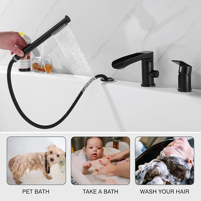 TapLong Waterfall Roman Tub Faucet with Hand Shower, Widespread Deck Mount Bathtub Faucet with Sprayer, Single-Handle 3-Holes Bathtub Shower Faucet Set in Matte Black, 03119B
