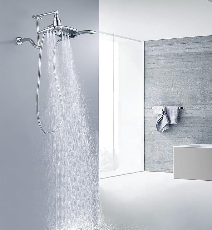 BRIGHT SHOWERS Brass Shower Arm Extender for Rain and Handheld Shower Head, 14 Inch Universal Shower Head Extension Arm, Adjustable Height & Angle, Chrome