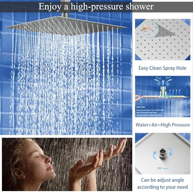 16 Inch Brushed Nickel Ceiling Mount Shower System Bathroom Luxury Rain Mixer Shower Combo Set Ceiling Rainfall Shower Head System Faucet Contain Rough-in Valve and Trim Included