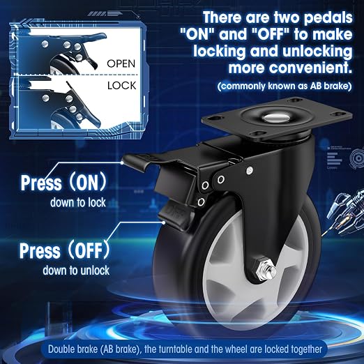 5" Heavy Duty Plate Casters, 1400 Lbs Dual Brake - Image 3