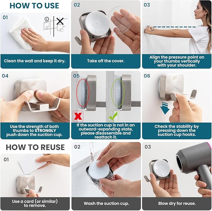 TAILI Patented Strong Suction Cup Hook, Thickened 304 Stainless Steel Bathroom Suction Holder for Towel, Loofah, Bathrobe, Damage-Free Hanging Shower Wall Hook, Double-Hook Widening Design, Silver