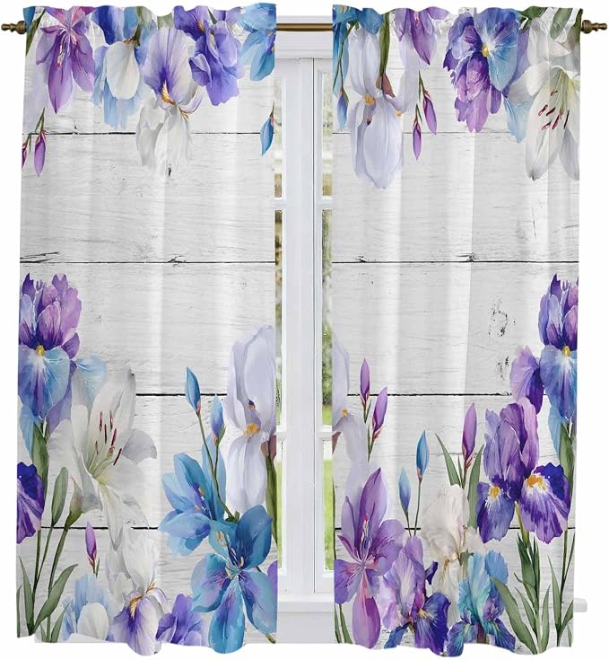 Spring Flowers Kitchen Curtains, Watercolor Garden Florals Wooden Grain Light by Unknown