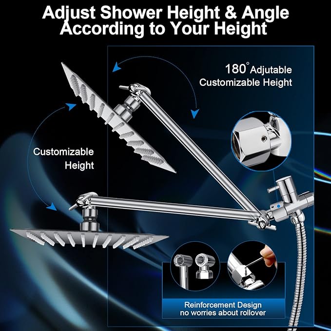 PinWin Modern 12" Large Square Rain Showerhead with 5 Modes Handheld Showerhead Combo, Adjustable Arm, Easy Tool-Free Installation