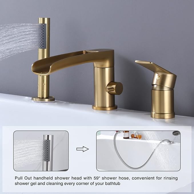 TapLong Waterfall Roman Tub Faucet with Hand Shower, Widespread Deck Mount Bathtub Faucet with Sprayer, Single-Handle 3-Holes Bathtub Shower Faucet Set in Brushed Gold, 03119BG