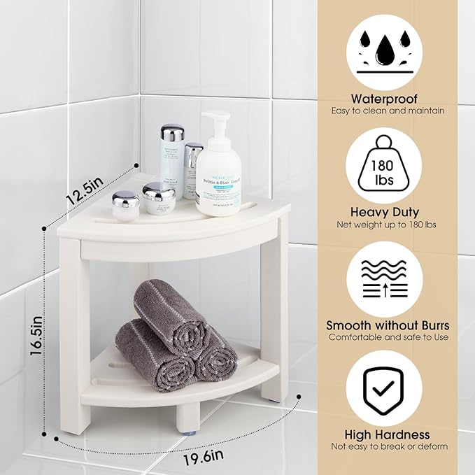 HDPE Corner Shower Stool,Shower Bench Seat with Storage Shelf for Shaving Legs Plastic Spa Bath Step Foot Rest for Bathroom Small Place (White)