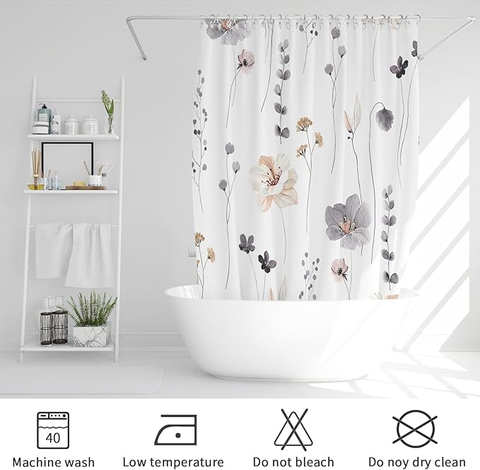Gibelle Watercolor Floral Shower Curtain 72x72 Inch, Charcoal Grey Beige Flower Modern Minimalist Fabric Bathroom Decorative