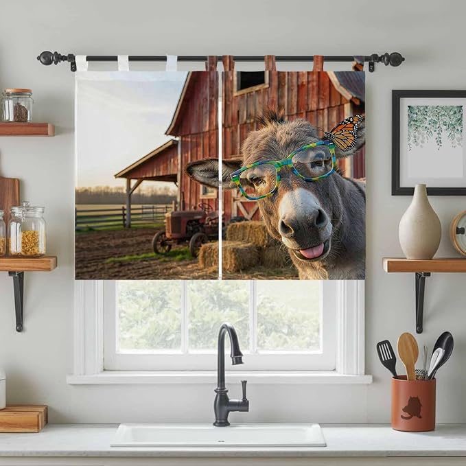 Farm Donkeys Kitchen Curtains 45 Inch Length, Short Cafe Window Curtains Tab Top - Image 3