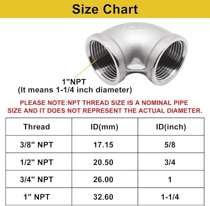 1Pc 304 Stainless Steel 90 Degree Elbow 1" NPT Female x 1" NPT Female Threaded - Image 2