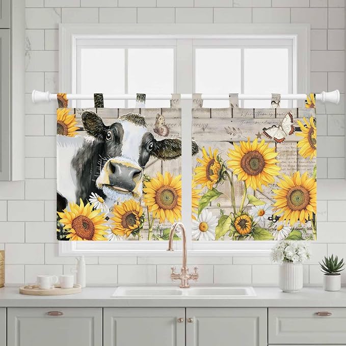 Yellow Sunflowers Kitchen Curtains 24 Inch Length, Small Window Curtains Tab Top - Image 3