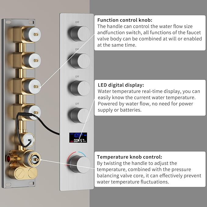 Digital Display Shower Fixtures Brushed Nickel Shower System with 12 inch Ceiling Mounted Shower Head and 2 Wall Mounted Shower Head(8 inch), Handheld Shower