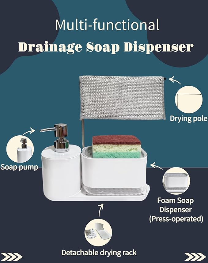 Dish Soap Dispenser & Sponge Holder 3-in-1 with Dual Pump & Drain Tray & Drying Pole - Multifunctional Kitchen Sink/Bathroom Organizer for Sponges and Hand Soap (Black)