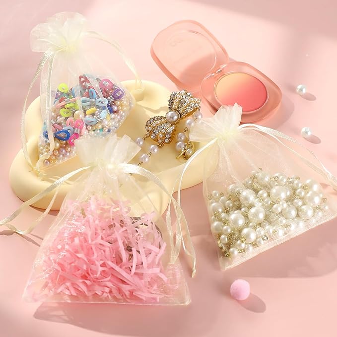 Hopttreely 100pcs Organza Bags, 4''x4.72'' Pastel Yellow Satin Drawstring Organza Pouch Wedding Party Favor Gift Bag Jewelry Watch Bags