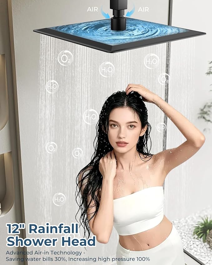 Shower Faucet Set, Ceiling Mount Shower System 12-inch & 6-inch Filtered Black Shower Head and Handle Set, Dual Shower Heads with 3 in 1 Handheld Spray and Valve & Trim Kit