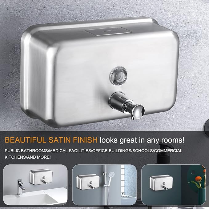 Commercial Wall Mount Stainless Steel Soap Dispenser, Rust-Proof Lining Liquid Hand Sanitizer Dispenser Bathroom 1100 ml / 37 oz. (Horizontal)