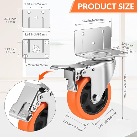 Caster Wheels, 4 Inch L-Shaped Casters Set of 4 Heavy Duty, Locking Caster - Image 2