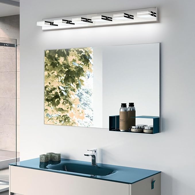 SineRise LED Modern Bathroom Vanity Light Fixtures (6-Light, 48-Inch, Dimmable), Chrome Modern Acrylic Bathroom Wall Lighting Fixtures Over Mirror (Cool White 6000K)