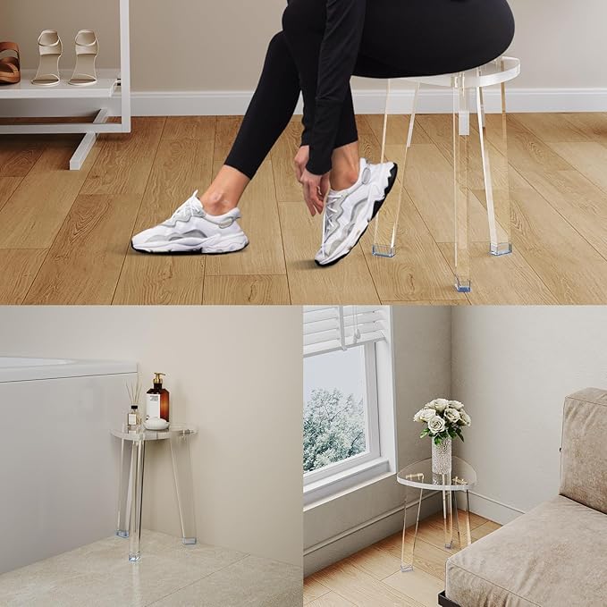 Acrylic Corner Shower Stool for Shaving Legs 11.65" D X 11.94" W X 16.34" H, Heavy Duty Shower Foot Rest, for Inside Shower, Waterproof Non-Slip