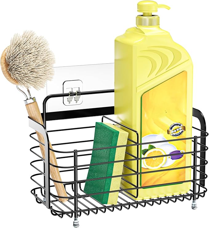 Black Kitchen Sink Caddy Organzier, Sponge Holder for Kitchen Sink, Metal High Brush Holder, Dish Sponge Holder Basket for Sponges, Scrubbers, Dish Soap Bottles Wall Mounted/Countertop