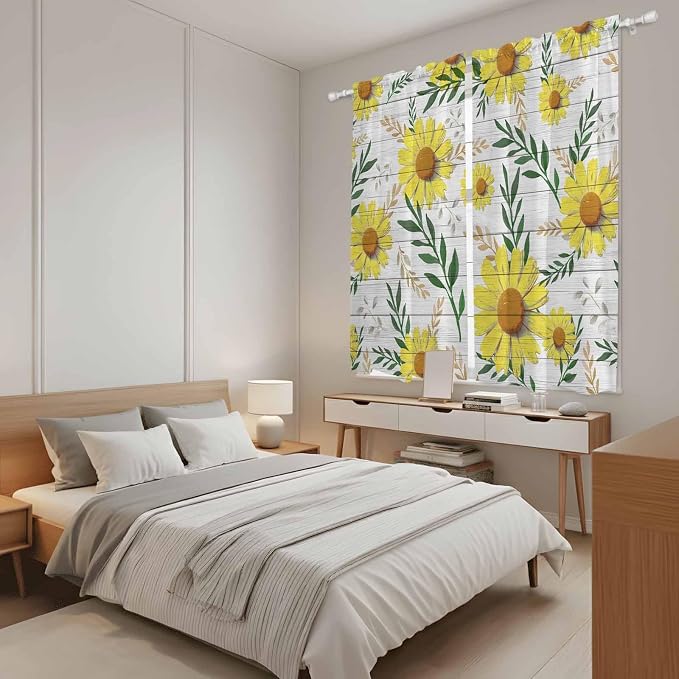 Yellow Daisy Kitchen Curtains, Farmhouse Country Flower Leaf Plant Wood Grain - Image 4