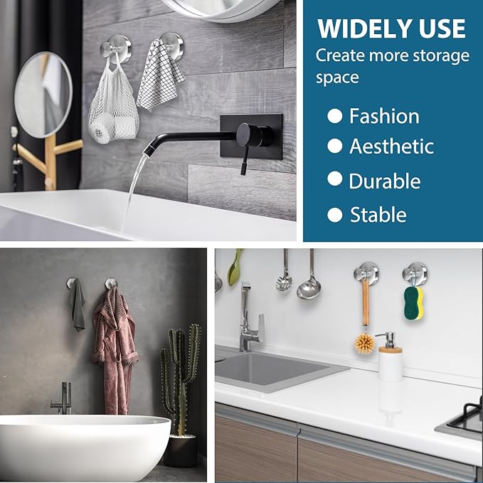 Suction Cup Hooks for Shower, 4 PCS No-Drill Towel Holder for Bathrooms Wall, Glass Door, Mirror, Tiles, Kitchen, Hold Robe & Wreath, Hanging up to 15 lbs – Waterproof & Rustproof, Loofah-Silver