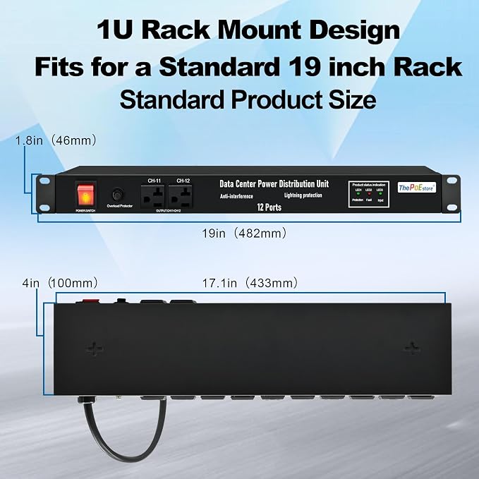 1U PDU Network Servers Surge Protector Power Distribution Unit 12-Outlet - Image 5