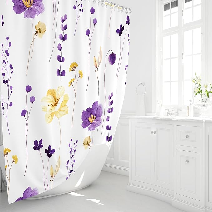 Gibelle Small Stall Shower Curtain 36 x 72, Narrow Half Watercolor Floral Fabric Shower Curtain, Purple Yellow Flower Decorative Bathroom Shower Curtain Set