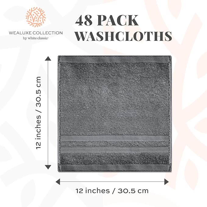 Wealuxe Dark Gray Washcloths 48 Pack - 600 GSM 100% Ring-Spun Cotton Wash Cloths for Showering, Highly Absorbent and Soft | 12x12 Inches