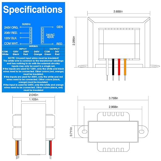 24V 40VA Control Transformer, Primary 120/208/240V, Secondary 24V Isolation - Image 2
