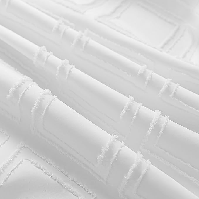 ROSERY No Hook Shower Curtain with Snap in Fabric Liner Set, Boho Farmhouse Jacquard Tufted Geometric Striped Shower Curtain for Bathroom with Tassel, Diamond Pattern, 71" W x 74" L