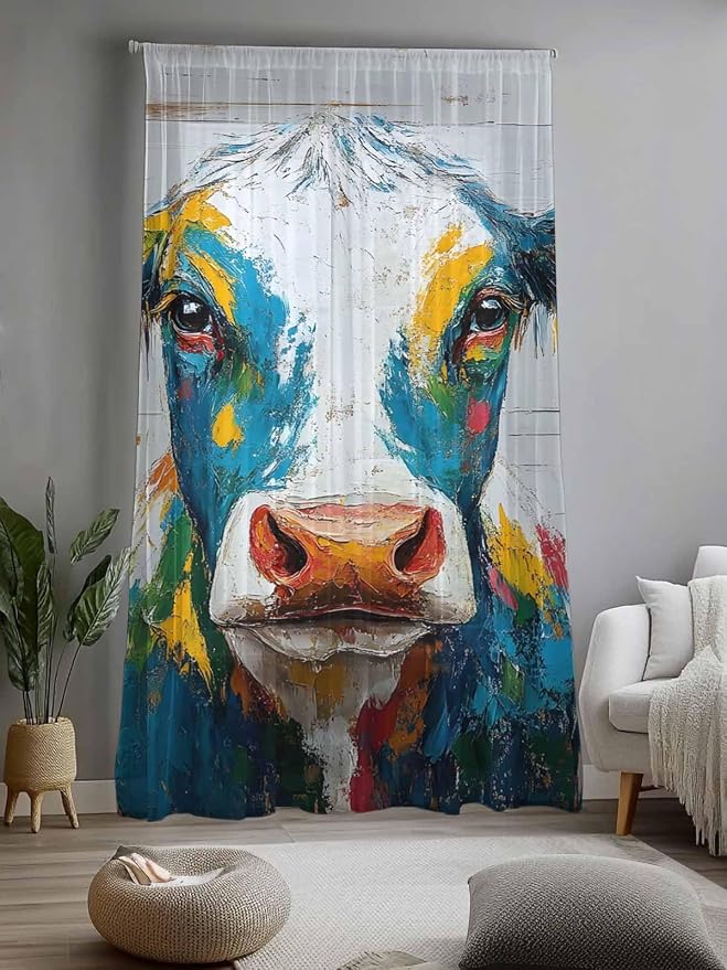 Sheer Curtains 96 Inches Long, Rustic Cow Semi Sheer Curtains Light Filtering - Image 2