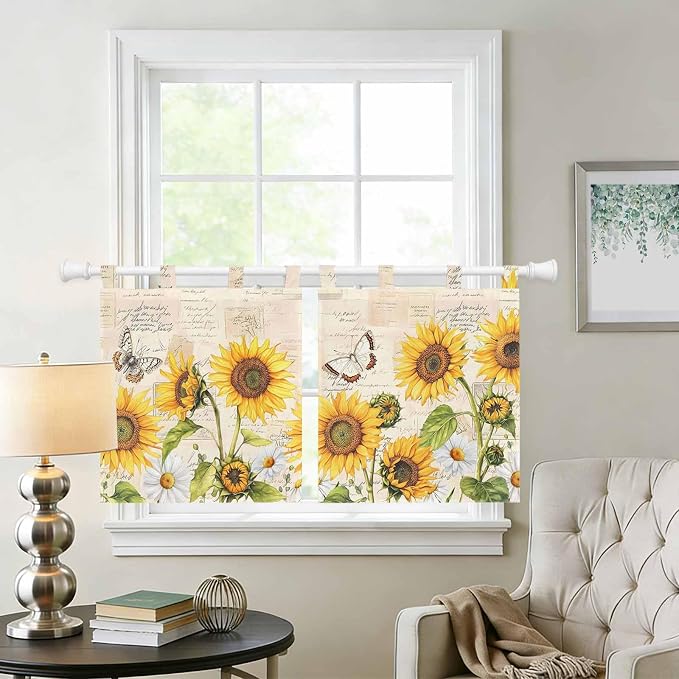 Yellow Sunflowers Kitchen Curtains 24 Inch Length, Small Window Curtains Tab Top - Image 2
