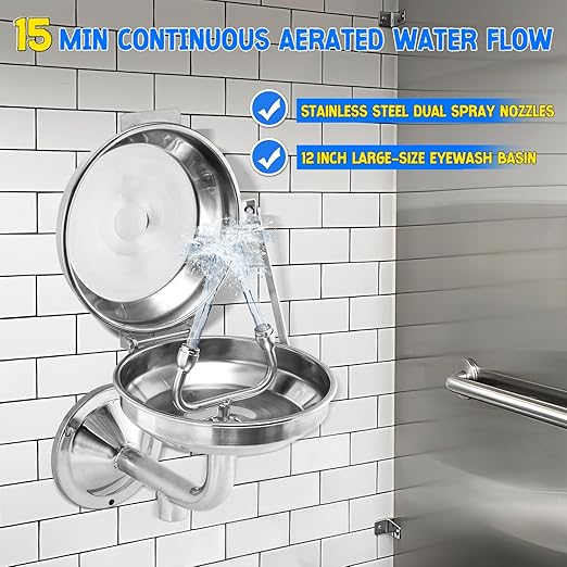 Eye Wash Station with Cover, Wall Mount Eyewash Station OSAH Approved, Stainless Steel Plumbing Eye Washing Unit, with Dual Spray & Mirror, NPT Threaded, Industrial& Commercial Grade Eye Wash Station