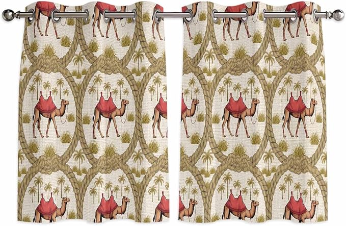 2 Panel Kitchen Cafe Curtains, Camels Palm Trees Sunlight Filtering Nature Air by Hokiten