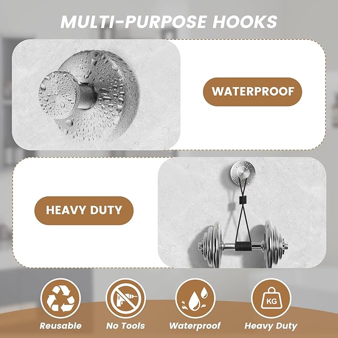BKV Suction Cup Hooks for Glass Window,Removable Shower Hooks for Inside Shower,Metal Towel Hooks for Bathrooms,6 Pack(Silver)