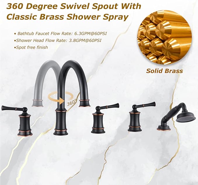 Roman Tub Faucet with Hand Shower, Antique Tub Shower Faucet Set with Valve for 5 Hole, Deck Mount Shower Tub Faucet Set，3 Handle Bath Tub Faucet High Flow, Oil Rubbed Bronze(B2309-ORB)