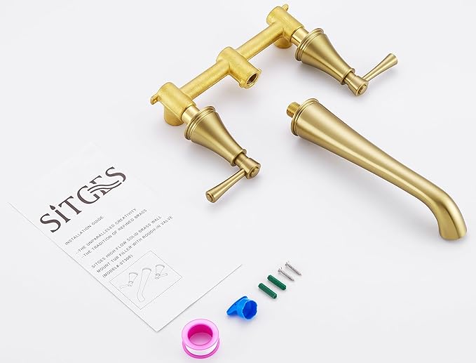 SITGES High Flow Brushed Gold Wall Mount Bathtub Faucet with Two Level Handles,Extra-Long 10.5" Spout Reach Solid Brass Wall Tub Filler with Rough-in Valve Included