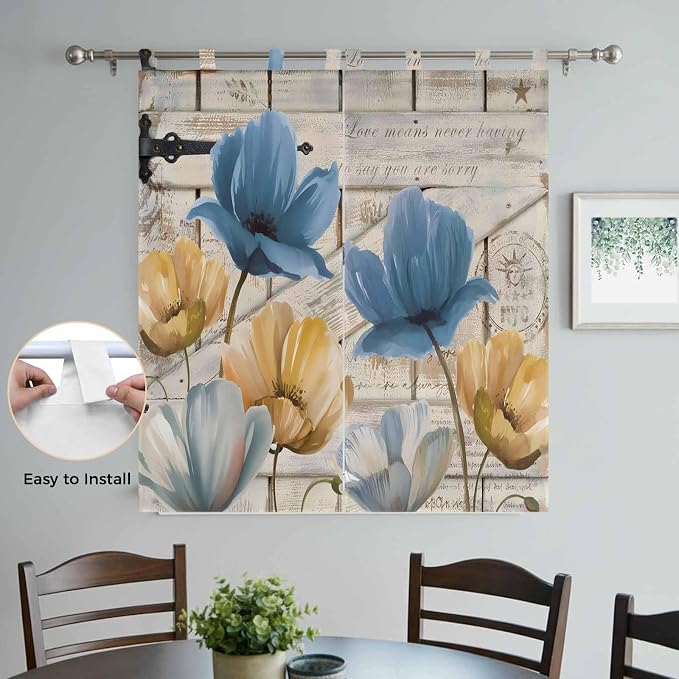 Blue Yellow Tulips Bathroom Curtains 63 Inch Length, Window Curtains Tab Top - Image 4