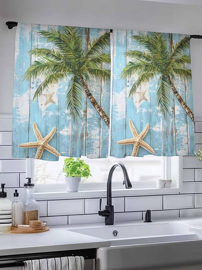 Sheer Curtains 54 Inch Length, Coastal Beach Blue Semi Sheer Curtains Light - Image 5