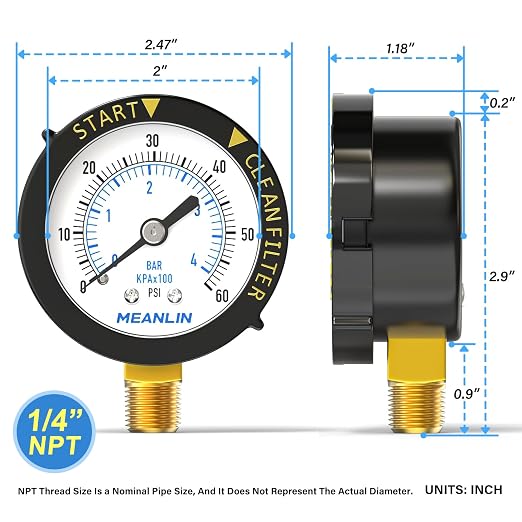 MEANLIN MEASURE 0~60Psi Plastic Frame 1/4" NPT Start and Clean Filter Pressure - Image 2