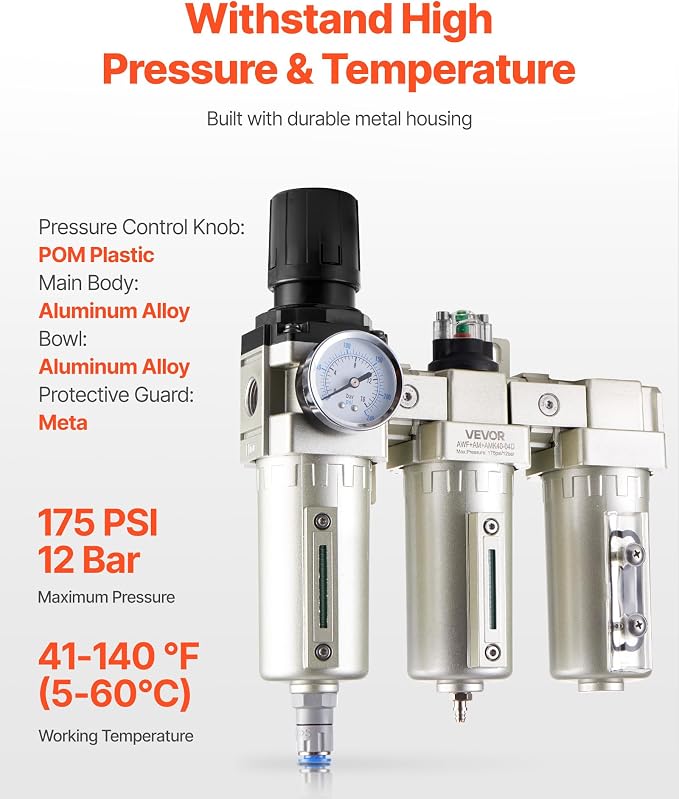 VEVOR Air Compressor Filter Regulator, 1/2" NPT 3-Stage 5μm & 0.3μm & 0.1μm Air - Image 3