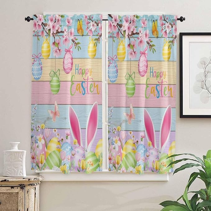 Colorful Easter Bedroom Curtains 63 Inches length, Spring Watercolor Bunny Egg - Image 2