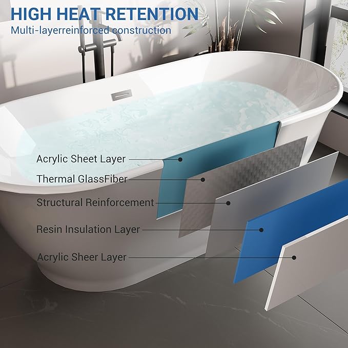 67'' Free Standing Tub, Modern Soaking Bathtub with Matte Black Drain and Overflow, Acrylic, Glossy White cUPC Certified Ergonomic Bath Tub