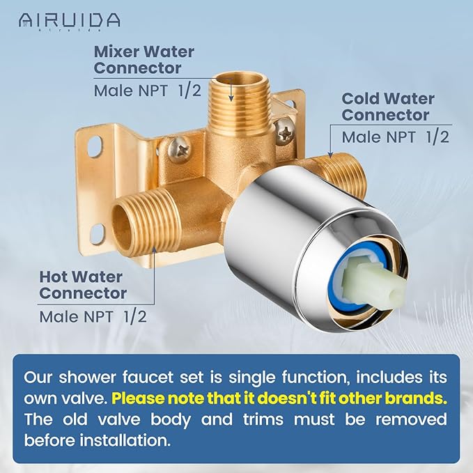 Airuida Shower Faucet Set Bathroom Rain Shower System SUS304 Stainless Steel Single Handle With Male Threads Rough-in Valve Shower Trim Kit 12 Inch Wall Mount Shower Head Chrome Polish